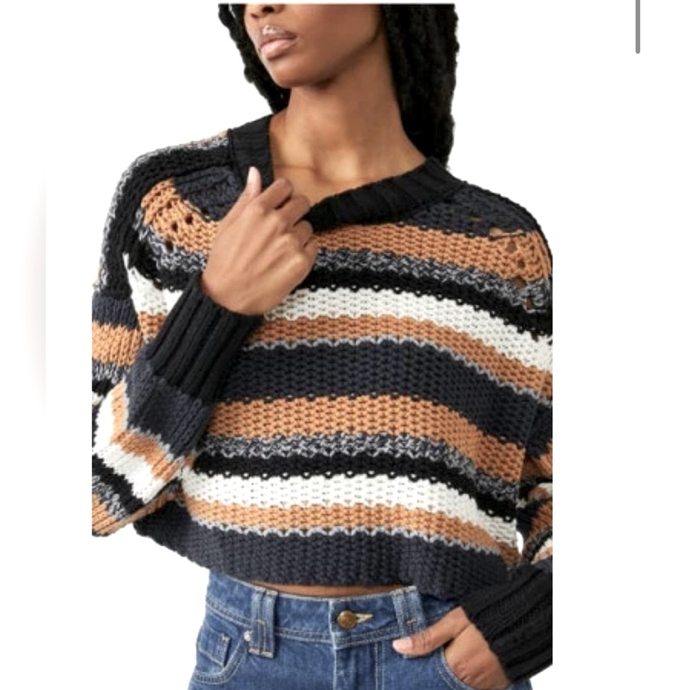 Free People Devon Stripe Crop Sweater in Sunflower Seed